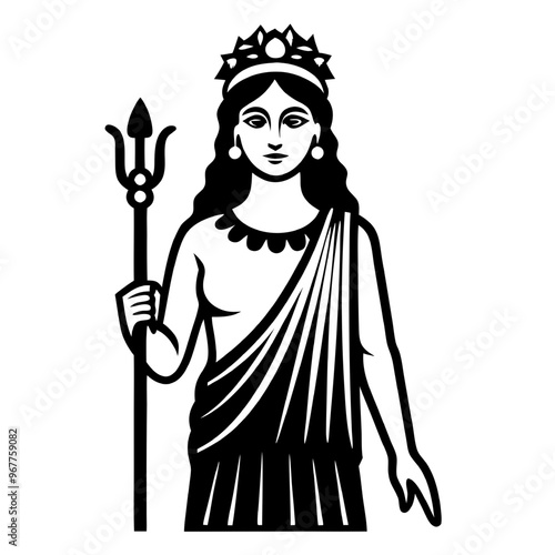 Goddess of the Sea: Poseidon's Wife Amphitrite in Black and White Line Art Illustration