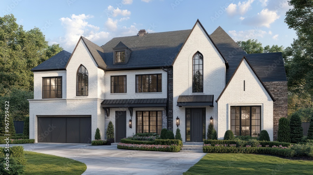 A modern white brick home with a black roof and a long driveway. A modern white brick home with a black roof and a long driveway.