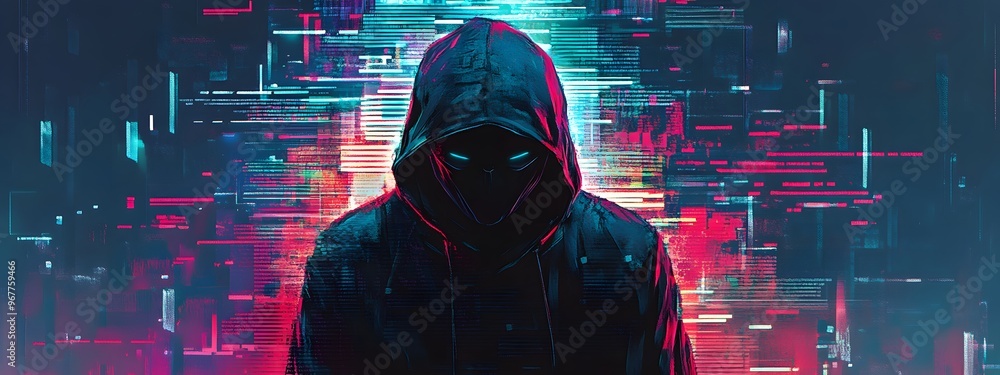 A digital collage of various computer code and data, with the face of a hacker wearing a hoodie in front of it A digital collage of various computer code and data, with the face of a hacker wearing a hoodie in front of it