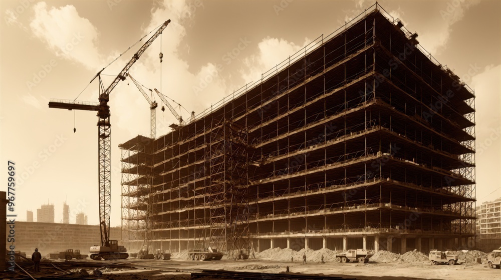 Fototapeta premium Generative AI, Sepia Tone Construction Site with High-Rise Building and Crane: A Scene of Urban Development and Architectural Progress