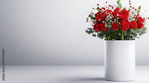 Elegant bouquet of red roses with baby's breath and greenery in a minimalist white vase placed on a simple table.