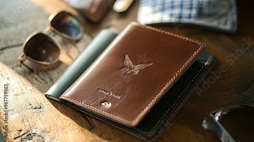 Brown Leather Passport Holder with Embossed Bird Design photo