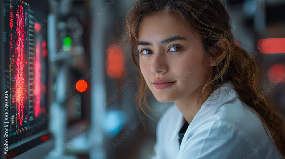 Young Female Scientist Looking at Computer Screen with Data Visualization Young Female Scientist Looking at Computer Screen with Data Visualization