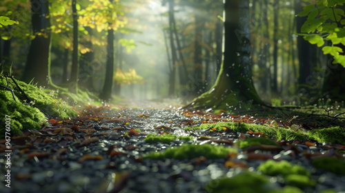 A forest path with moss and fallen leaves