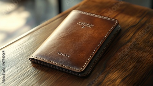 Brown Leather Passport Holder on Wooden Surface