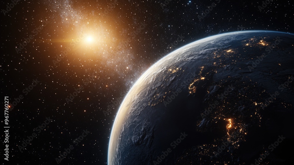 Planet Earth seen from space, illuminated by sunlight, with the vast universe in the background. Planet Earth seen from space, illuminated by sunlight, with the vast universe in the background.
