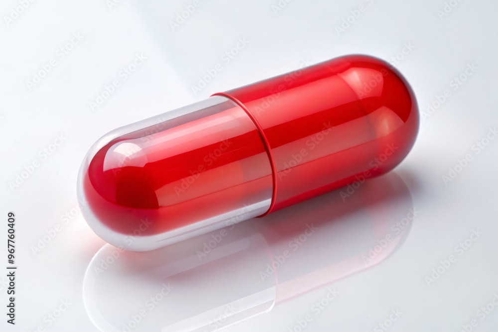A solitary bright red capsule lies on a pristine white background, its transparent shell revealing a hint of A solitary bright red capsule lies on a pristine white background, its transparent shell revealing a hint of