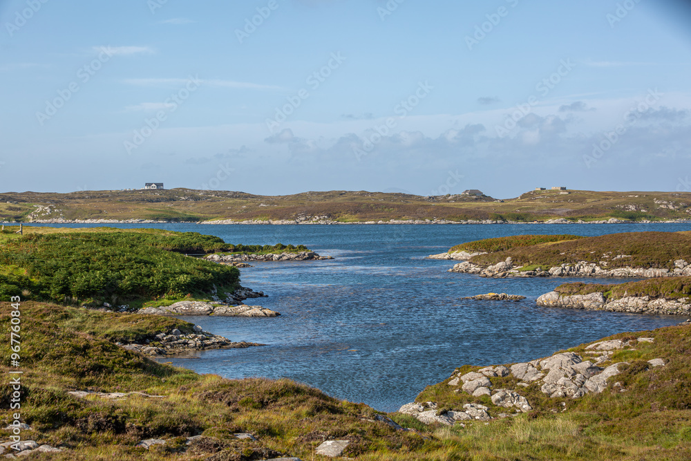 Fototapeta premium Landscape view of south Uist, Image shows a beautiful scenic photo of the remote Scottish island coastline during the summer 