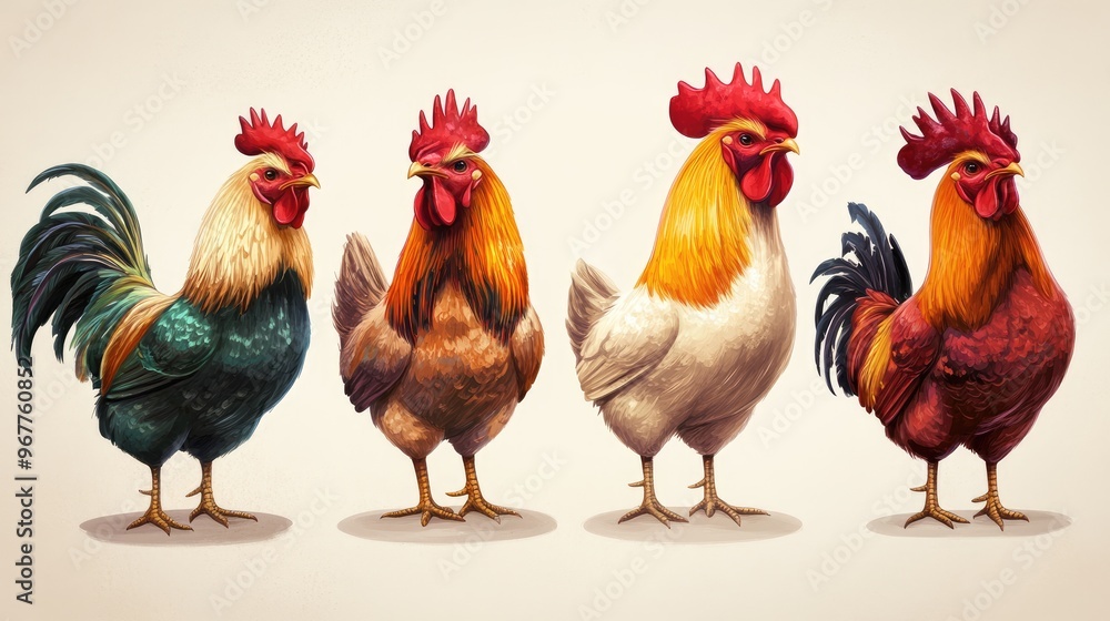 Fototapeta premium Proud, colorful rooster illustrations set against a plain backdrop, showcasing their bold feathers.