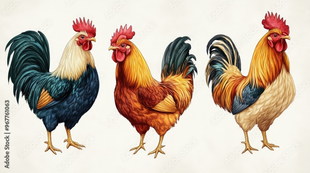 Fototapeta premium Proud, colorful rooster illustrations set against a plain backdrop, showcasing their bold feathers.