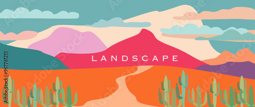 Vector flat illustration. Mountain panorama and great view. Perfect for a summer sale post or banner.