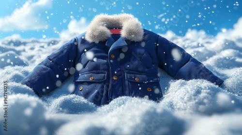 Winter coat with faux fur trim, snowy setting, 3D illustration photo