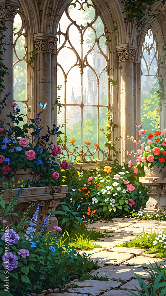 Naklejka premium a hidden Gothic garden within an ancient castle