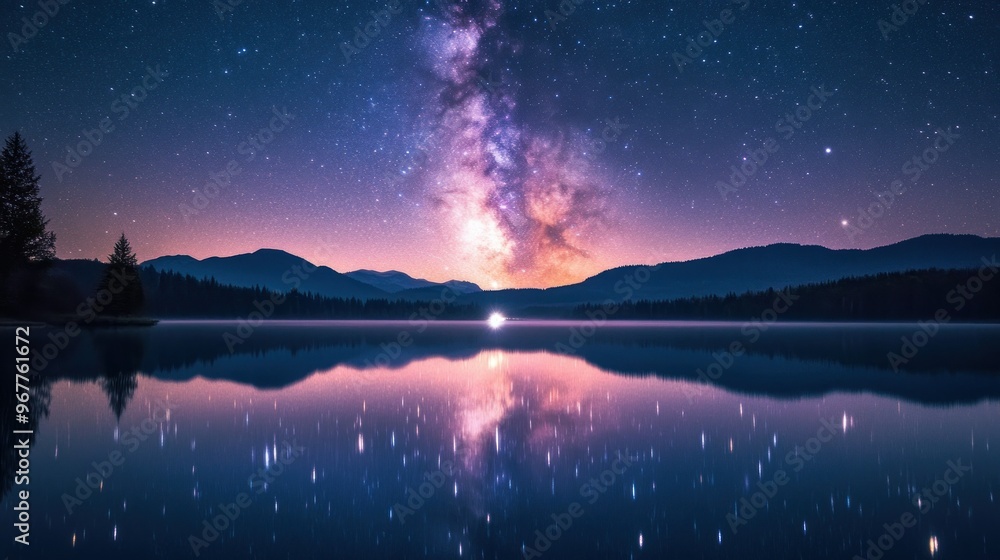 Serene night landscape with a starry sky and reflected mountains in a calm lake. Serene night landscape with a starry sky and reflected mountains in a calm lake.