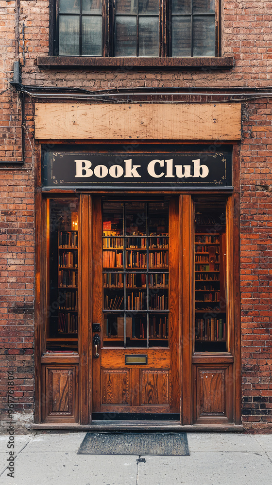 A charming exterior of library featuring sign that reads Book Club, showcasing wooden doors and warm, inviting atmosphere. brick wall adds character to this cozy reading space A charming exterior of library featuring sign that reads Book Club, showcasing wooden doors and warm, inviting atmosphere. brick wall adds character to this cozy reading space