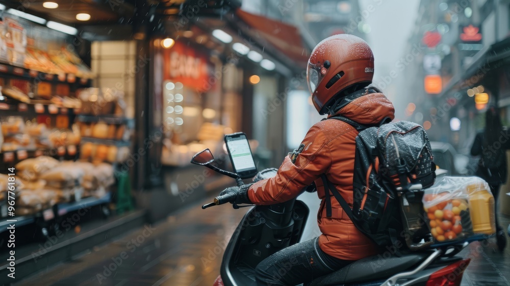 With a smartphone app, the rider efficiently manages food delivery logistics With a smartphone app, the rider efficiently manages food delivery logistics