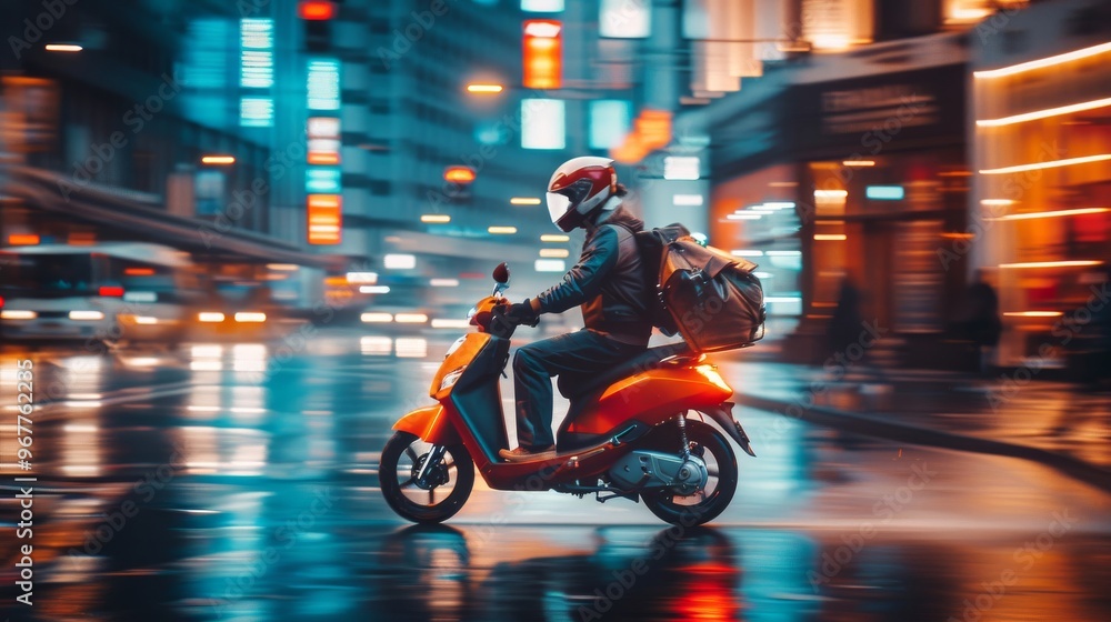 Navigating through the city, the rider delivers food using modern technology Navigating through the city, the rider delivers food using modern technology