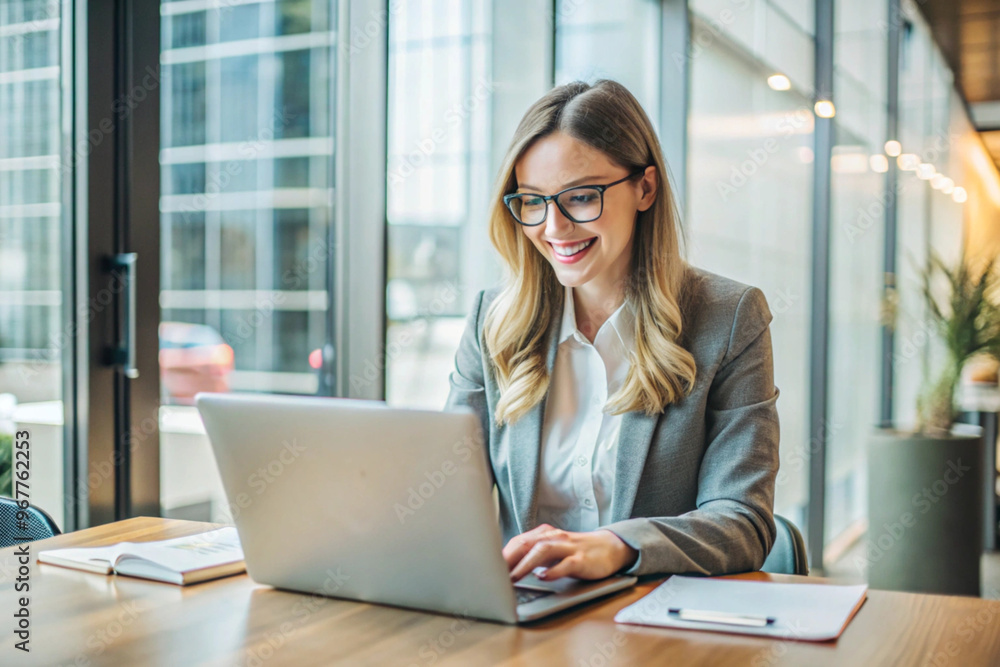 Professional Woman Working on Laptop in a Modern, Minimalist Office with Calm Atmosphere Professional Woman Working on Laptop in a Modern, Minimalist Office with Calm Atmosphere