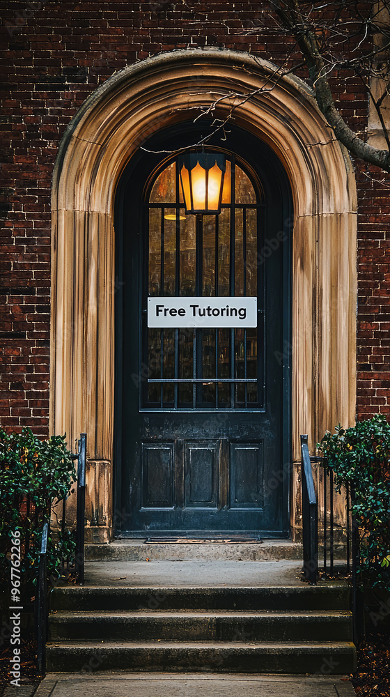 Fototapeta premium A welcoming entrance to library featuring prominent sign that reads Free Tutoring. architectural details and surrounding greenery create an inviting atmosphere for learners