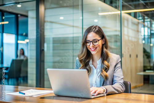 Professional Woman Working on Laptop in a Modern, Minimalist Office with Calm Atmosphere