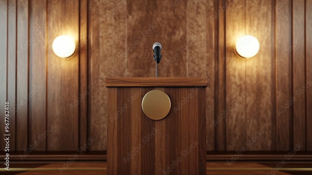 An elegant wooden podium with a microphone and a podium cover in a formal event hall An elegant wooden podium with a microphone and a podium cover in a formal event hall