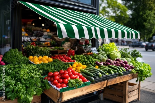 A striped green and white awning over a farmerâ€™s market stall, shielding fresh produce from the sun