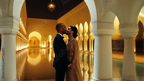 Diverse Couple Sharing a Romantic Kiss in an Elegant Venue at Night Generative AI photo