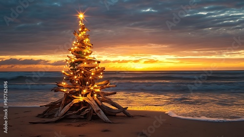 Christmas Tree on Beach Sunset photo