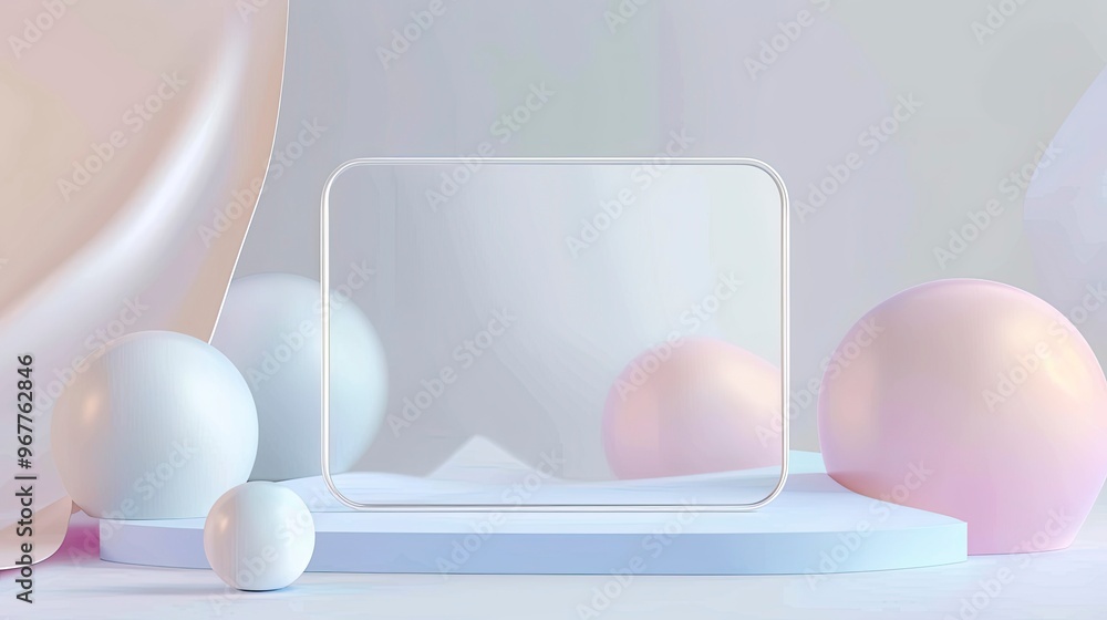 Fototapeta premium Abstract scene featuring a transparent glass frame surrounded by pastel-colored spheres on a light background. Modern and minimalistic concept