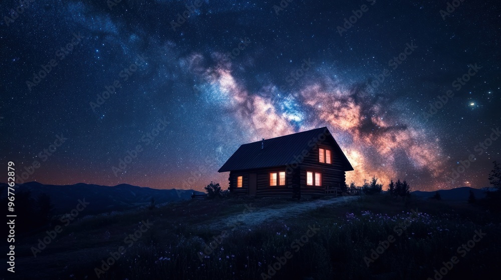 A serene house under a starry sky, surrounded by nature and cosmic beauty. A serene house under a starry sky, surrounded by nature and cosmic beauty.