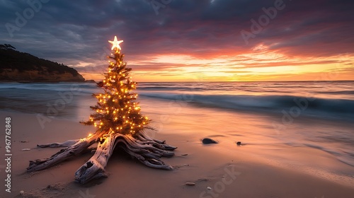 Christmas Tree on the Beach at Sunset