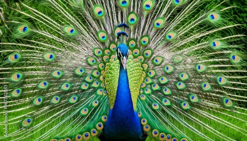 A majestic peacock displaying its vibrant and colorful tail feathers in full splendor. The detailed feathers and the lush green background highlight the peacock's natural beauty and regal presence.