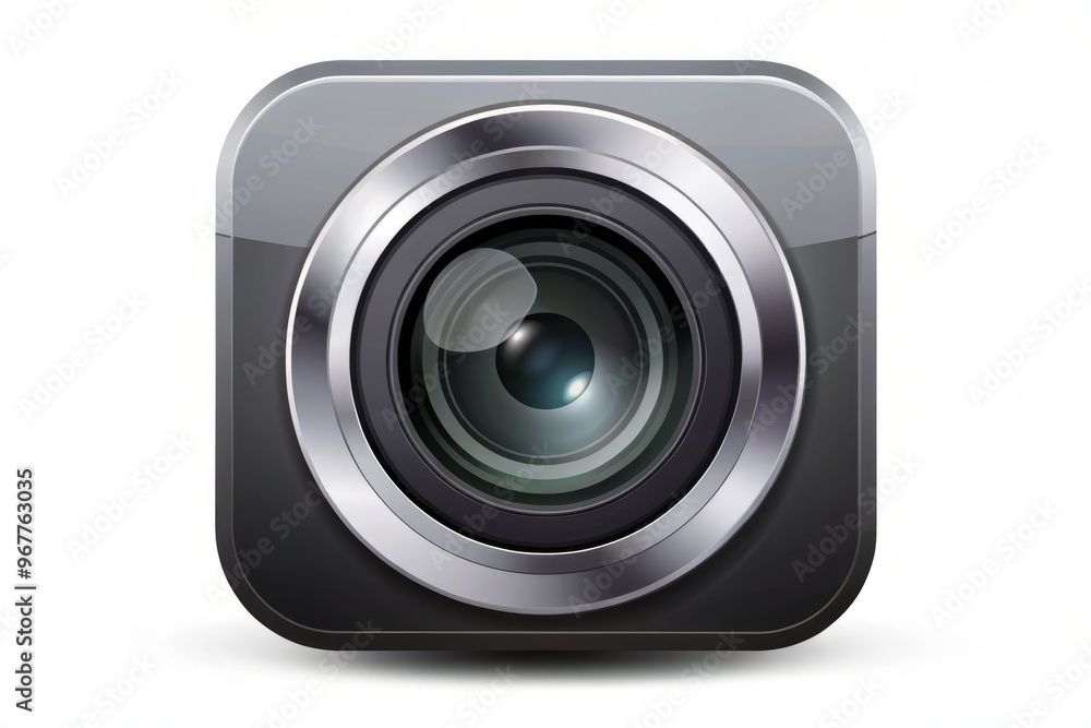A stylized black and silver camera icon with a rounded body and lens, surrounded by a subtle circle, A stylized black and silver camera icon with a rounded body and lens, surrounded by a subtle circle,