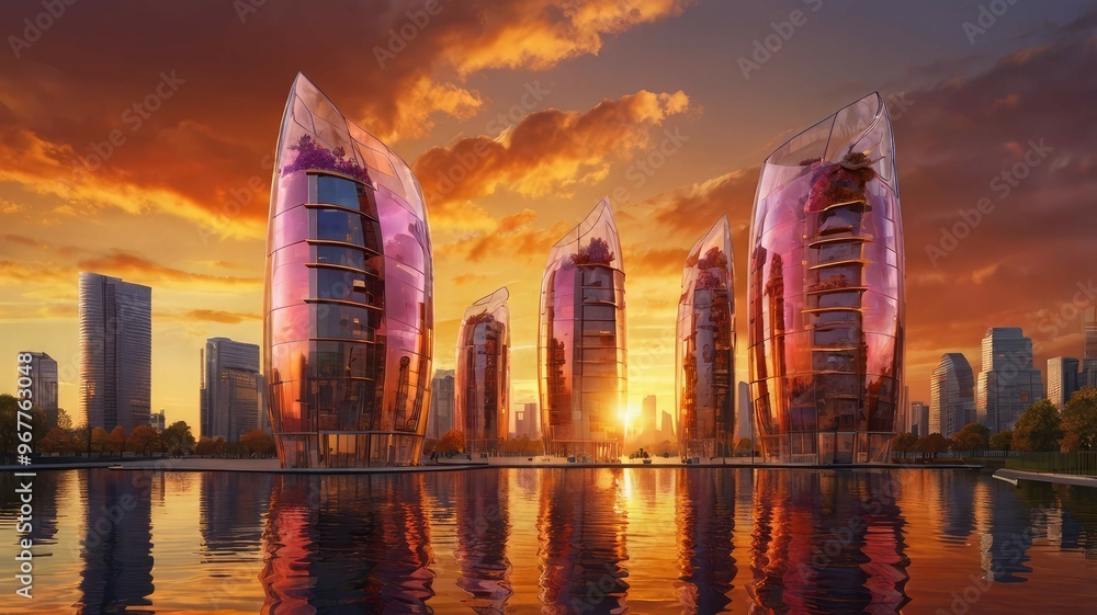 Fototapeta premium radiant sunset: a symphony of colors in nature's tranquility