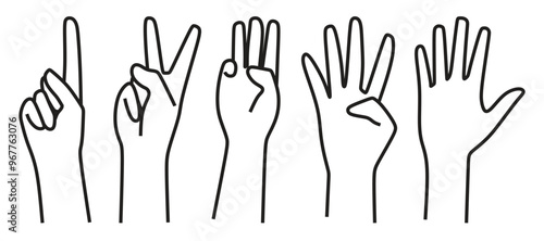fingers counting one to five, icon set, black line art