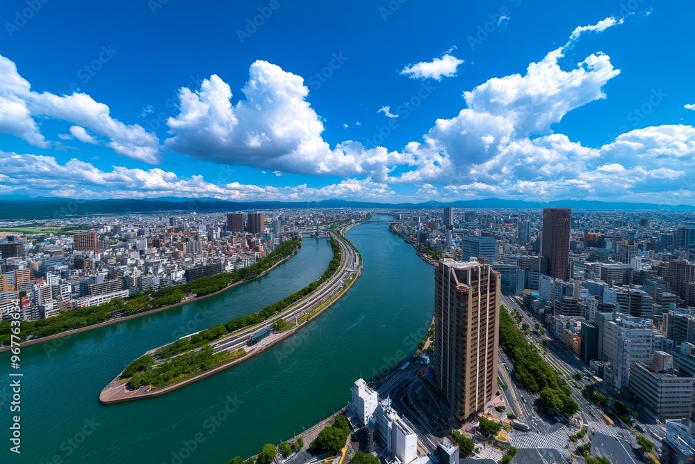 Naklejka premium A view from the top of Umeda Sky Building, capturing Osakaâ€™s sprawling cityscape and the Yodogawa River cutting through the skyline