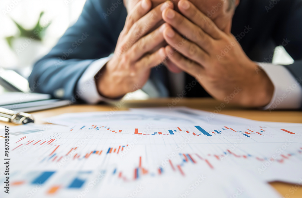 Close-Up of Frustrated Person’s Hands on Desk with Downward Trend Financial Charts Close-Up of Frustrated Person’s Hands on Desk with Downward Trend Financial Charts