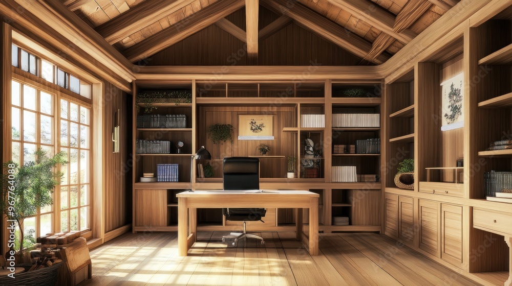 Wooden home office with large windows and built-in bookshelves. Wooden home office with large windows and built-in bookshelves.