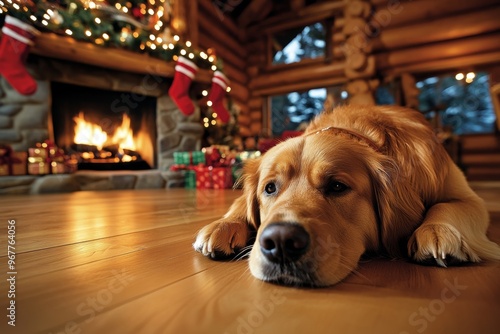 A warm postcard from a holiday cabin in the woods, with the family dog lying in front of the fireplace, stockings hanging, and gifts under the tree