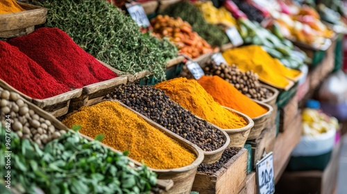 A colorful market stall selling fresh spices, herbs, and vegetables