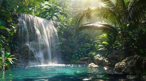 A waterfall is flowing into a pool of water in a lush jungle