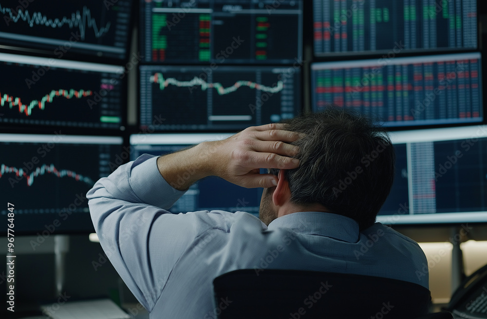 Disheartened Trader in Trading Room with Multiple Monitors Showing Negative Stock Trends Disheartened Trader in Trading Room with Multiple Monitors Showing Negative Stock Trends