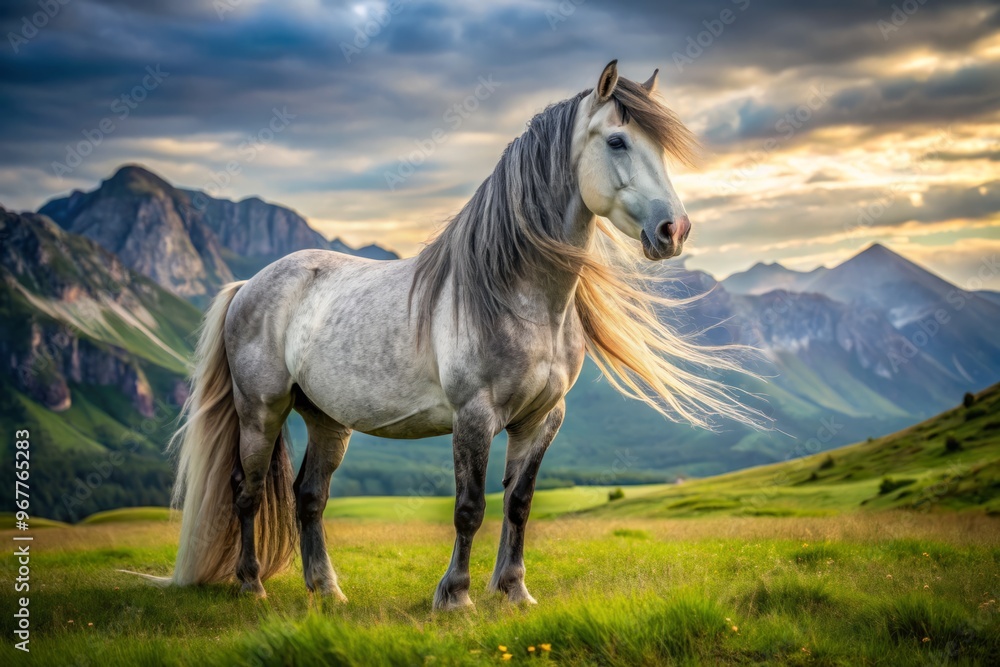 A Thin, Flea-Bitten Gray Horse With A Long Mane And Tail Stands In A Grassy Field With Mountains A Thin, Flea-Bitten Gray Horse With A Long Mane And Tail Stands In A Grassy Field With Mountains