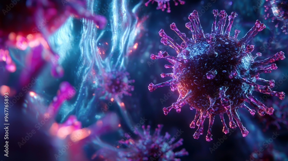 A highly detailed 3D rendering of a virus seen under a microscope, with intricate biological features and vibrant lighting A highly detailed 3D rendering of a virus seen under a microscope, with intricate biological features and vibrant lighting