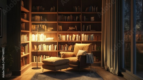 A cozy reading nook with a built-in bookshelf, comfortable chair, and soft lighting