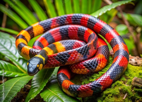 A venomous coral snake with a distinctive spider-like pattern on its tail coils defensively in a lush, humid photo