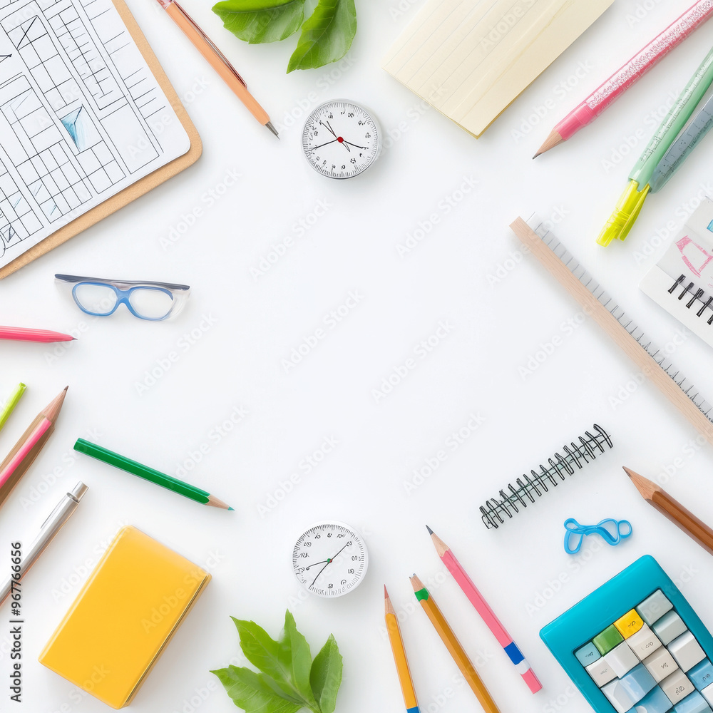 A collection of mathematical tools and stationery items arranged neatly on white background, including pencils, rulers, and notepads, creating an organized workspace A collection of mathematical tools and stationery items arranged neatly on white background, including pencils, rulers, and notepads, creating an organized workspace