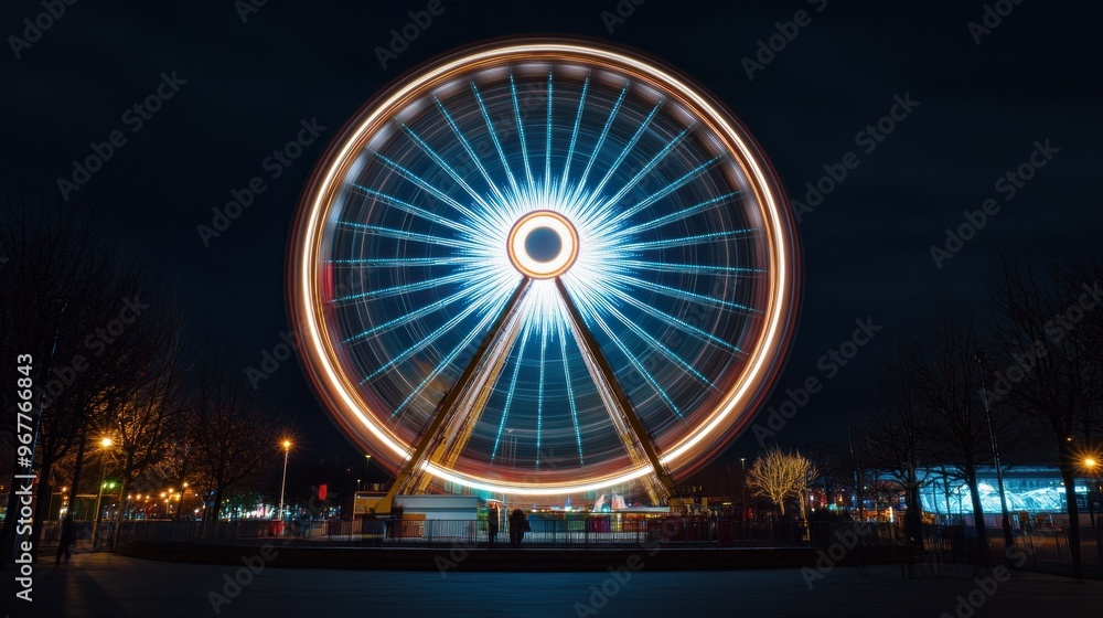 A brightly lit Ferris wheel spins at night, creating a vibrant display of light. A brightly lit Ferris wheel spins at night, creating a vibrant display of light.
