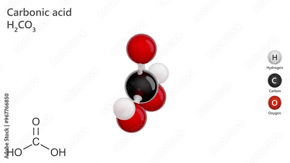 A 3D model of a carbonic acid molecule (chemical formula H2CO3) is a ...