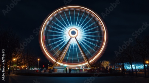 A brightly lit Ferris wheel spins at night, creating a vibrant display of light.